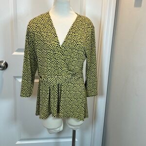 CHAUS New York Yellow Black Geometric Print Faux Wrap Blouse Top XL
